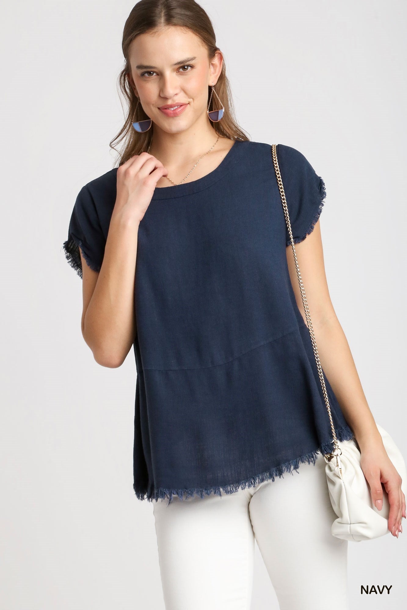 Linen Blend Top with Frayed Hem