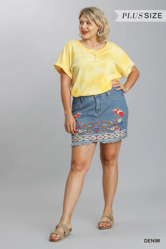 Embroidered High Rise Denim Skirt